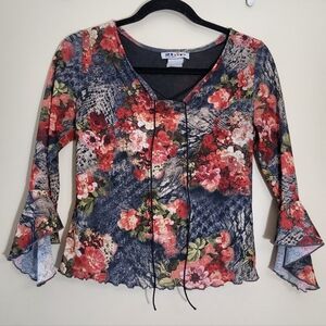 2Hip by Wrapper Black & Red Floral & Snake Print Bell Sleeve Blouse, Size L